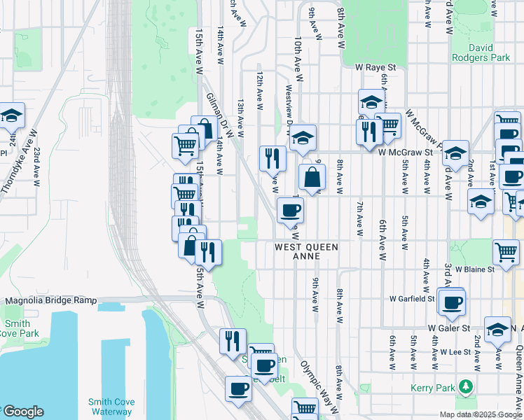 map of restaurants, bars, coffee shops, grocery stores, and more near 1933 12th Avenue West in Seattle