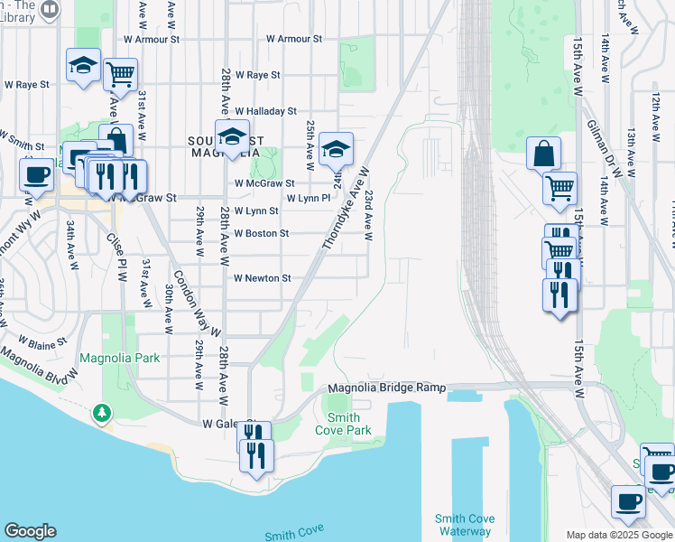 map of restaurants, bars, coffee shops, grocery stores, and more near 2338 West Newton Street in Seattle