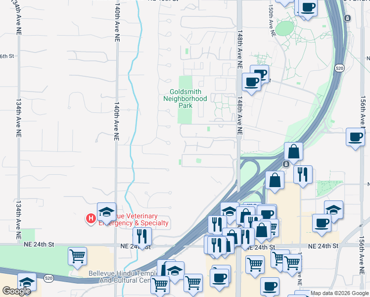 map of restaurants, bars, coffee shops, grocery stores, and more near 14409 Northeast 30th Place in Bellevue