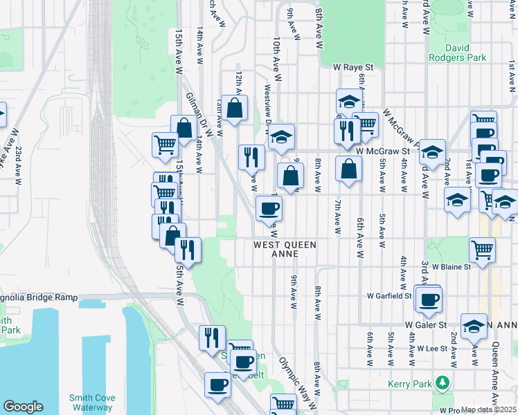map of restaurants, bars, coffee shops, grocery stores, and more near 1930 11th Avenue West in Seattle