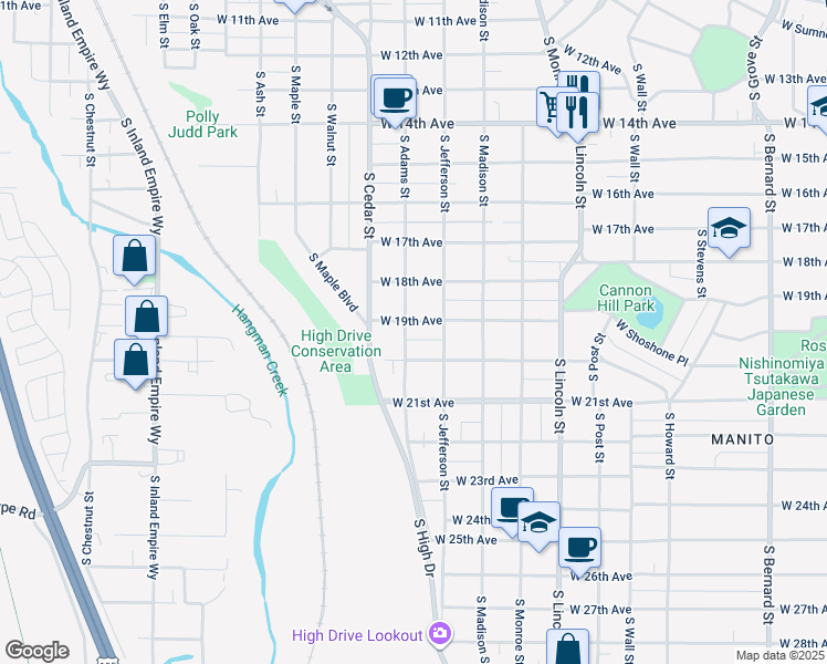 map of restaurants, bars, coffee shops, grocery stores, and more near 1225 West 19th Avenue in Spokane
