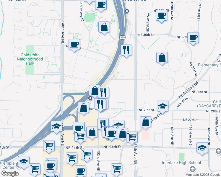 map of restaurants, bars, coffee shops, grocery stores, and more near 3050 152nd Avenue Northeast in Redmond