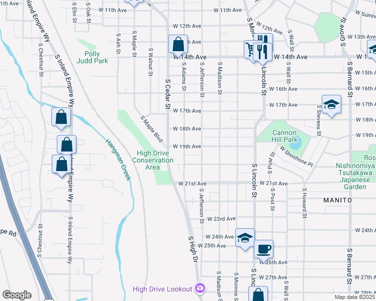 map of restaurants, bars, coffee shops, grocery stores, and more near 1225 West 19th Avenue in Spokane