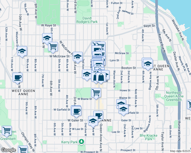 map of restaurants, bars, coffee shops, grocery stores, and more near 8 West Crockett Street in Seattle