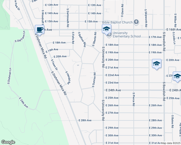 map of restaurants, bars, coffee shops, grocery stores, and more near 2124 South Sunrise Road in Spokane Valley