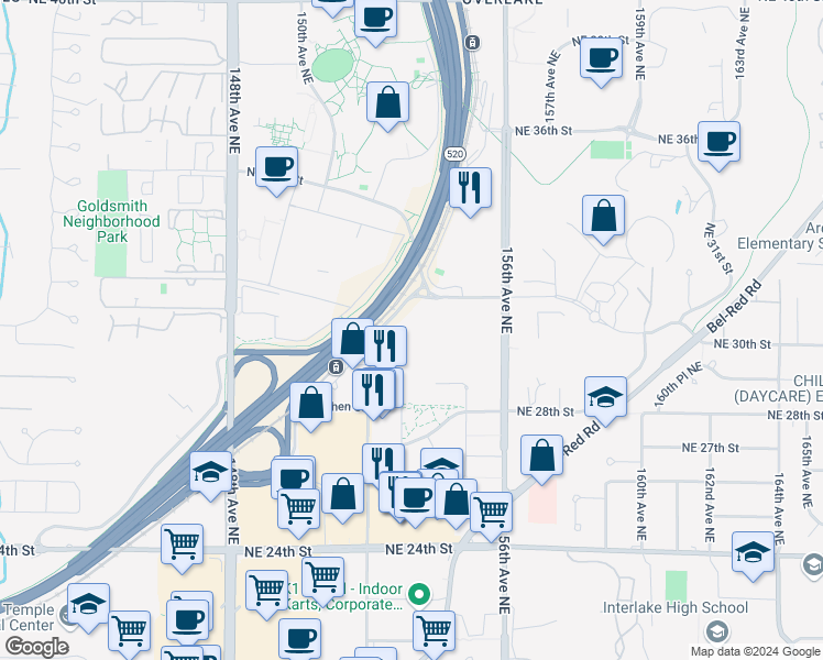 map of restaurants, bars, coffee shops, grocery stores, and more near 3050 152nd Avenue Northeast in Redmond