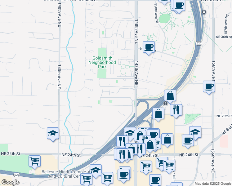 map of restaurants, bars, coffee shops, grocery stores, and more near 14525 Northeast 30th Place in Bellevue