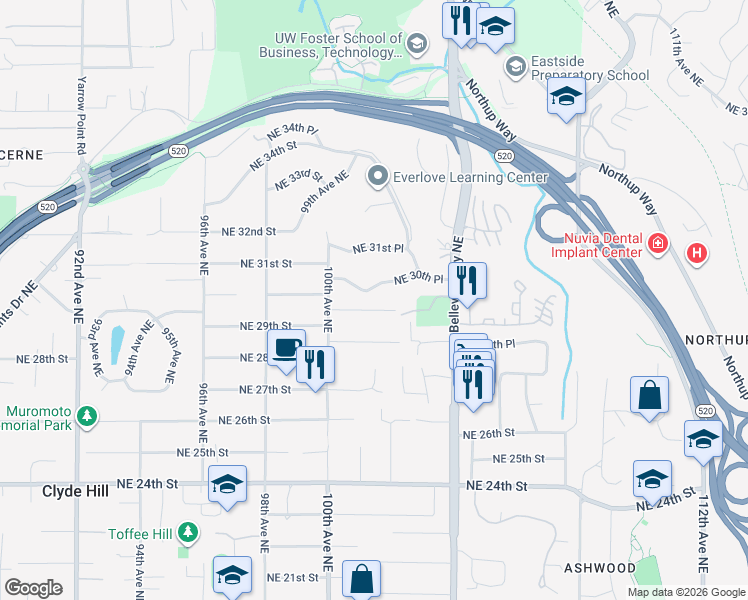 map of restaurants, bars, coffee shops, grocery stores, and more near 10027 Northeast 29th Place in Bellevue