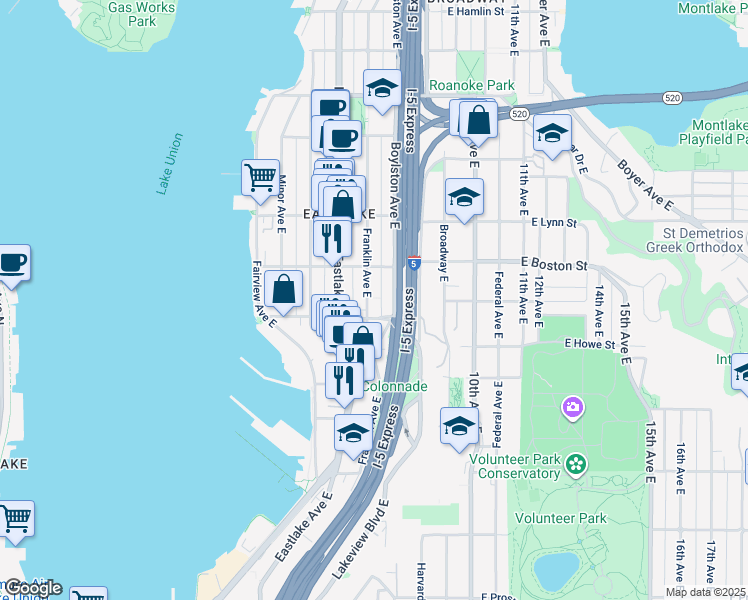 map of restaurants, bars, coffee shops, grocery stores, and more near 2009 Franklin Avenue East in Seattle