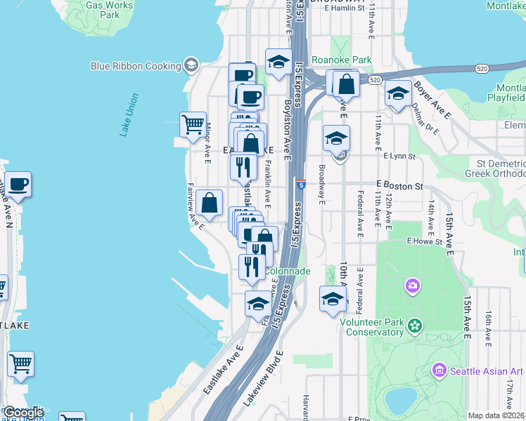 map of restaurants, bars, coffee shops, grocery stores, and more near 2009 Franklin Avenue East in Seattle