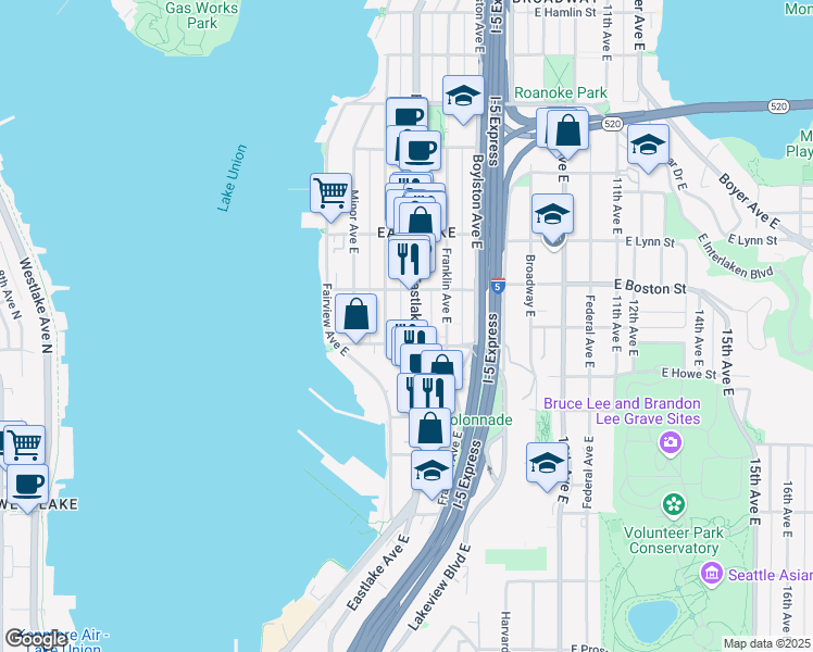 map of restaurants, bars, coffee shops, grocery stores, and more near 104 East Newton Street in Seattle