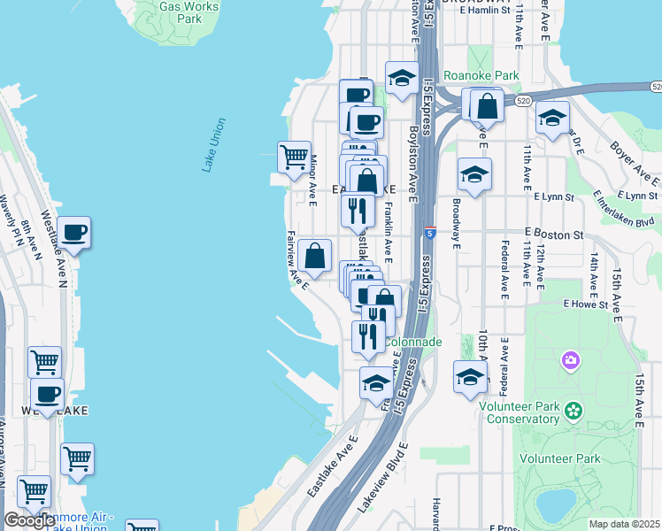 map of restaurants, bars, coffee shops, grocery stores, and more near 2000 Minor Avenue East in Seattle