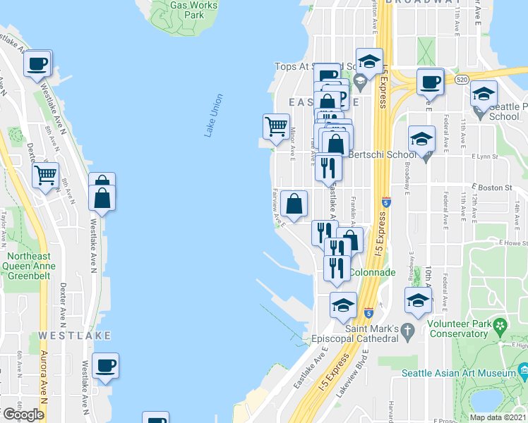 map of restaurants, bars, coffee shops, grocery stores, and more near 2001 Fairview Avenue East in Seattle