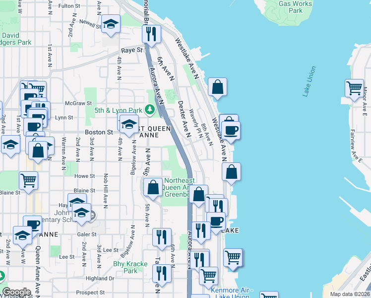 map of restaurants, bars, coffee shops, grocery stores, and more near 1941 Aurora Avenue North in Seattle