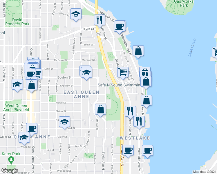 map of restaurants, bars, coffee shops, grocery stores, and more near 517 Crockett Street in Seattle