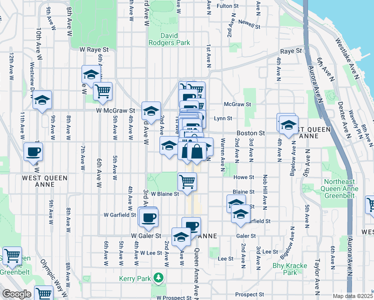 map of restaurants, bars, coffee shops, grocery stores, and more near 1925 Queen Anne Avenue North in Seattle