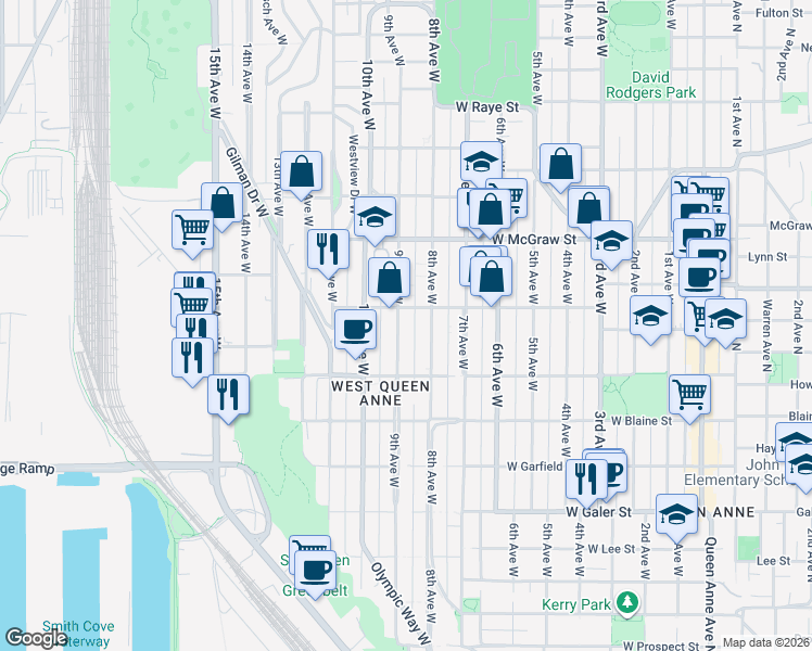 map of restaurants, bars, coffee shops, grocery stores, and more near 1936 9th Avenue West in Seattle