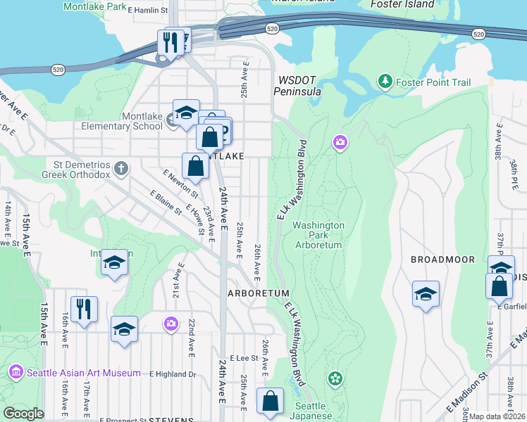 map of restaurants, bars, coffee shops, grocery stores, and more near 1941 26th Avenue East in Seattle