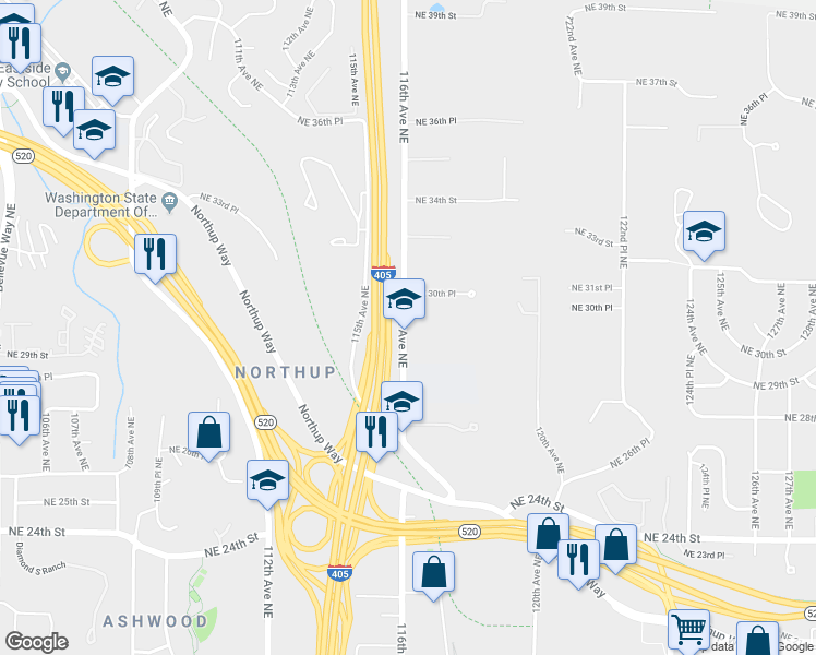 map of restaurants, bars, coffee shops, grocery stores, and more near 2860 116th Avenue Northeast in Bellevue