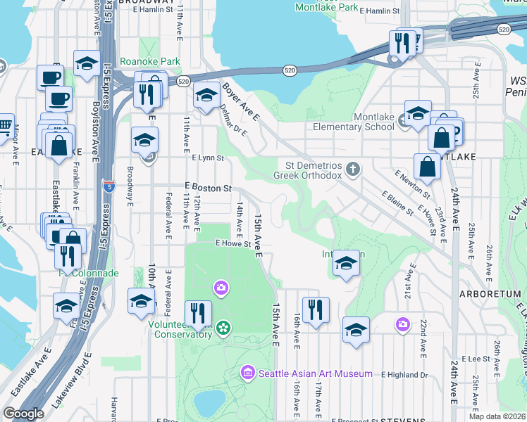 map of restaurants, bars, coffee shops, grocery stores, and more near 1950 15th Avenue East in Seattle