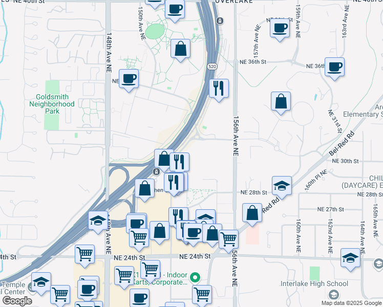 map of restaurants, bars, coffee shops, grocery stores, and more near 3050 152nd Avenue Northeast in Redmond