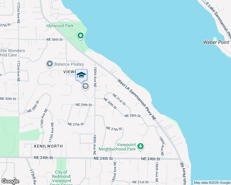 map of restaurants, bars, coffee shops, grocery stores, and more near 18216 Northeast 31st Street in Redmond