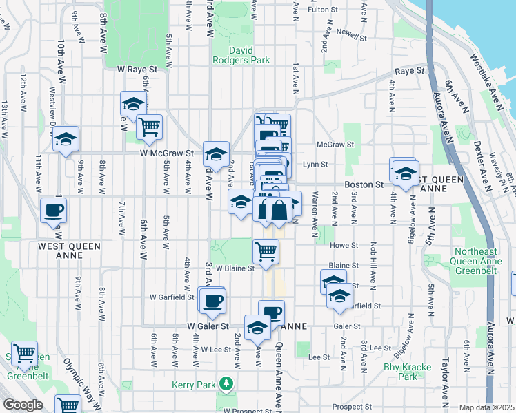 map of restaurants, bars, coffee shops, grocery stores, and more near 1925 Queen Anne Avenue North in Seattle