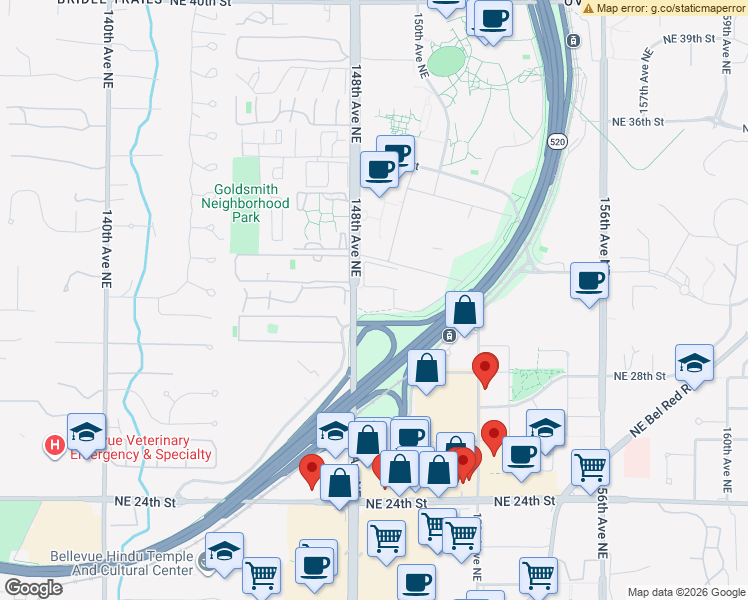 map of restaurants, bars, coffee shops, grocery stores, and more near 3040 148th Avenue Northeast in Redmond