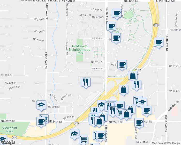 map of restaurants, bars, coffee shops, grocery stores, and more near 14525 Northeast 30th Place in Bellevue