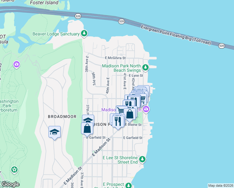 map of restaurants, bars, coffee shops, grocery stores, and more near 2001 41st Avenue East in Seattle