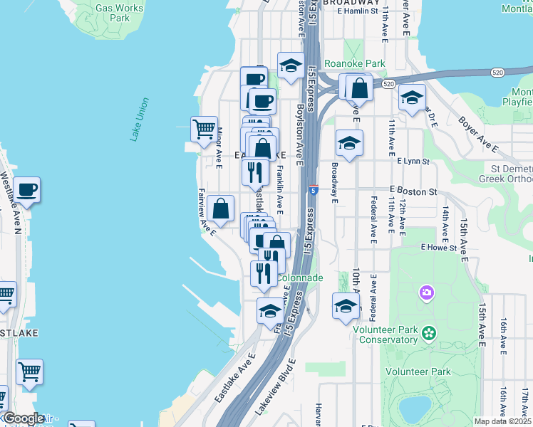 map of restaurants, bars, coffee shops, grocery stores, and more near 2009 Franklin Avenue East in Seattle