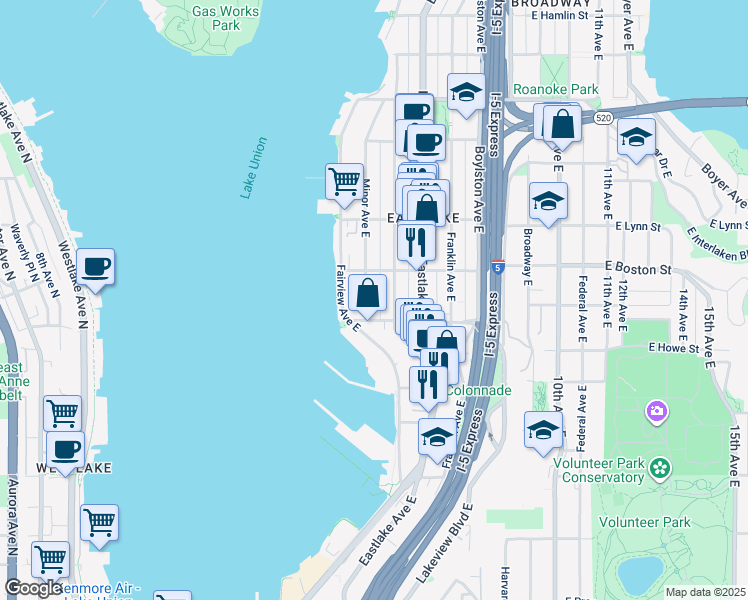 map of restaurants, bars, coffee shops, grocery stores, and more near 2000 Minor Avenue East in Seattle