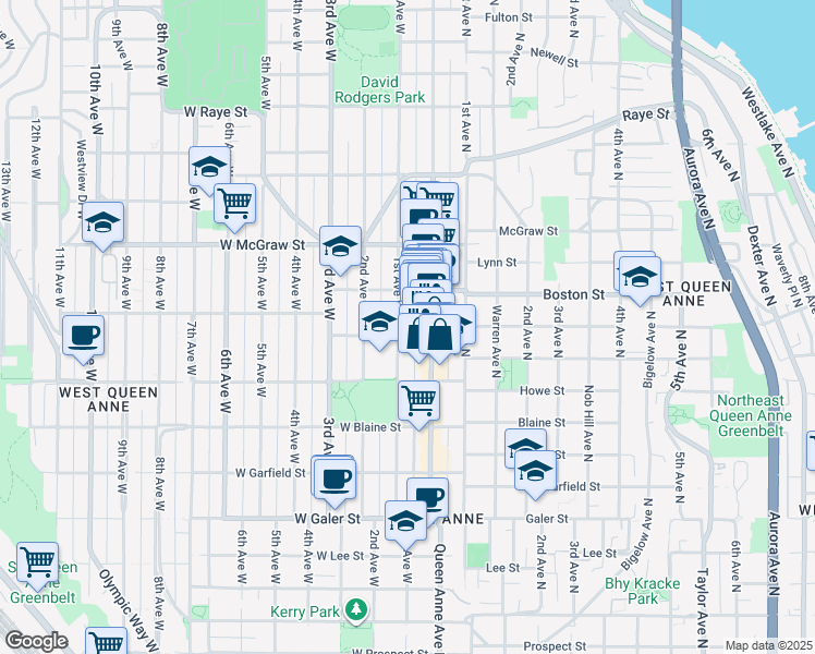 map of restaurants, bars, coffee shops, grocery stores, and more near 1925 Queen Anne Avenue North in Seattle