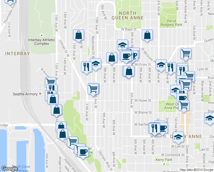 map of restaurants, bars, coffee shops, grocery stores, and more near 1936 9th Avenue West in Seattle