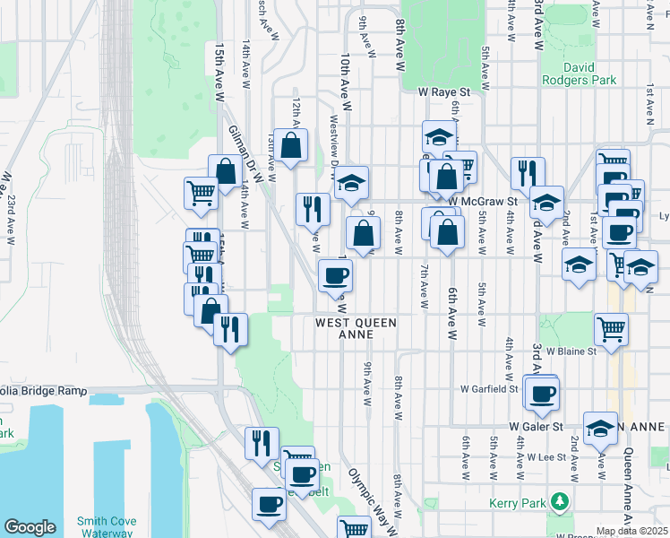 map of restaurants, bars, coffee shops, grocery stores, and more near 1934 10th Avenue West in Seattle