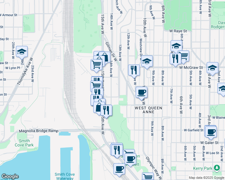 map of restaurants, bars, coffee shops, grocery stores, and more near 2010 14th Avenue West in Seattle