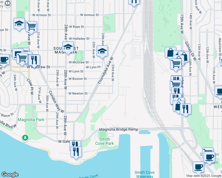 map of restaurants, bars, coffee shops, grocery stores, and more near 2303 West Newton Street in Seattle