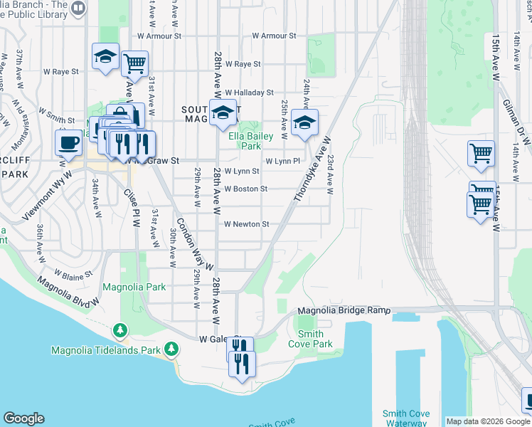 map of restaurants, bars, coffee shops, grocery stores, and more near 2405 West Newton Street in Seattle