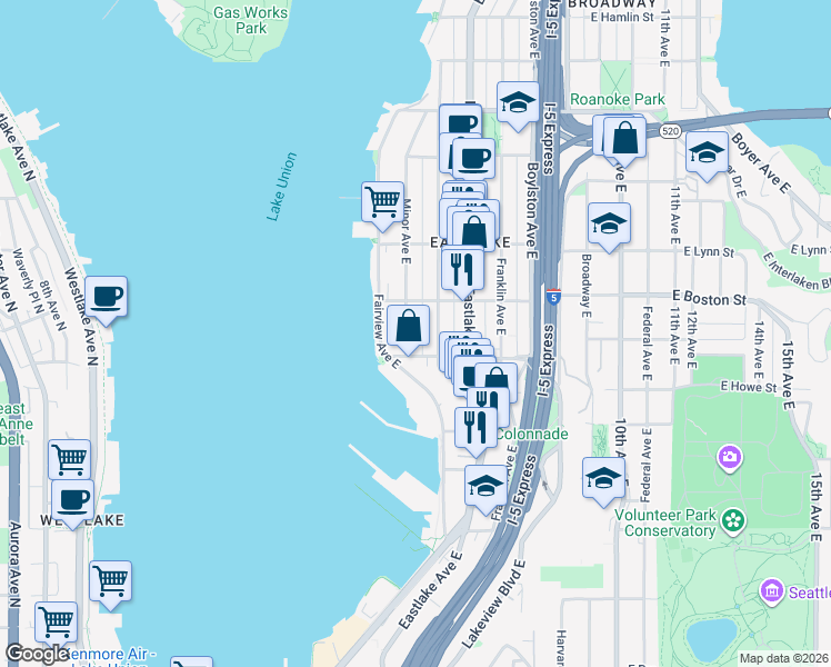 map of restaurants, bars, coffee shops, grocery stores, and more near 2000 Minor Avenue East in Seattle