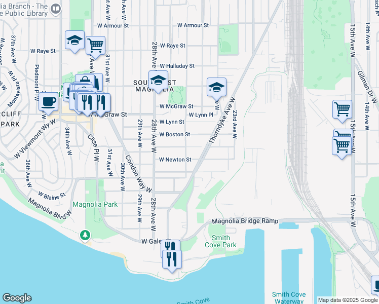 map of restaurants, bars, coffee shops, grocery stores, and more near 2405 West Newton Street in Seattle