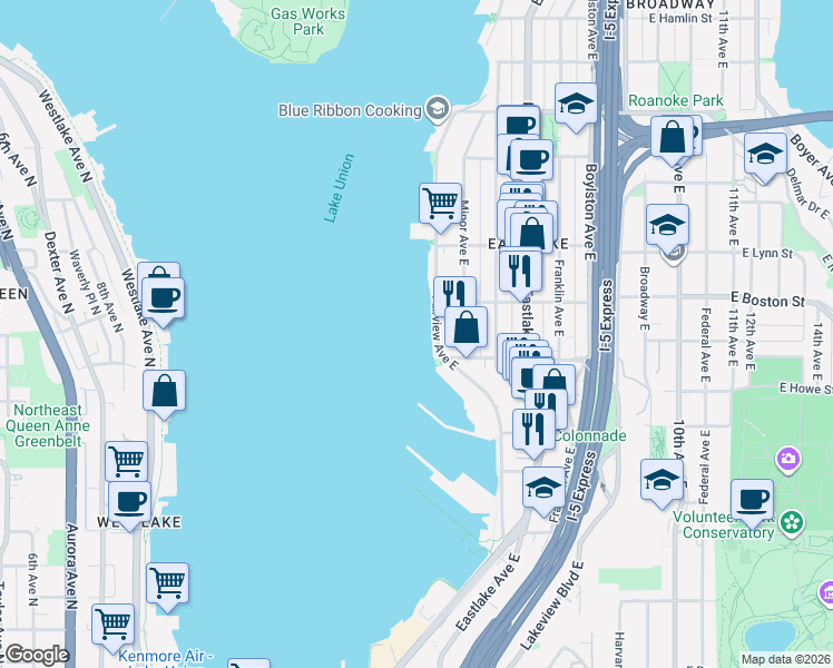 map of restaurants, bars, coffee shops, grocery stores, and more near 2025 Fairview Avenue East in Seattle
