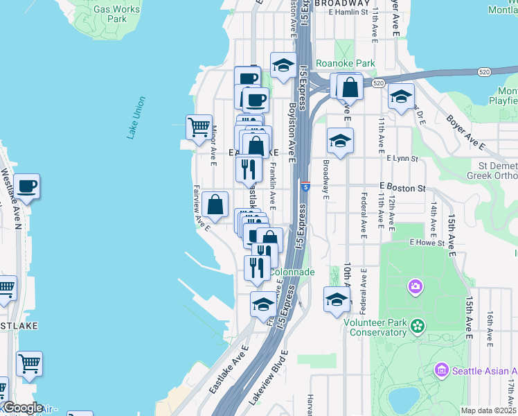 map of restaurants, bars, coffee shops, grocery stores, and more near 2009 Franklin Avenue East in Seattle