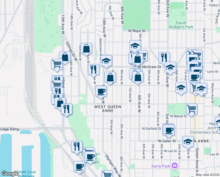 map of restaurants, bars, coffee shops, grocery stores, and more near 1953 9th Avenue West in Seattle