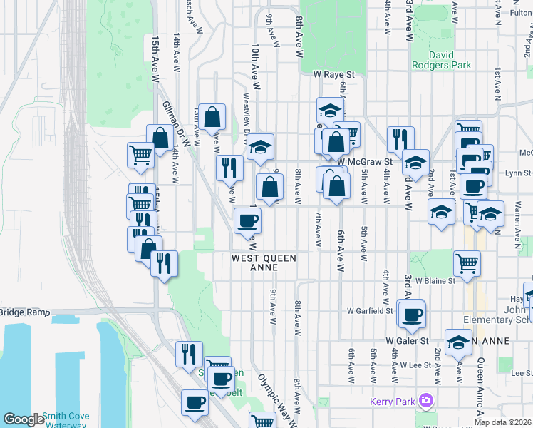 map of restaurants, bars, coffee shops, grocery stores, and more near 1953 9th Avenue West in Seattle