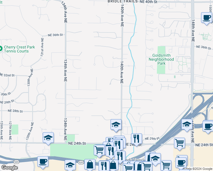 map of restaurants, bars, coffee shops, grocery stores, and more near 13900 Northeast 31st Place in Bellevue