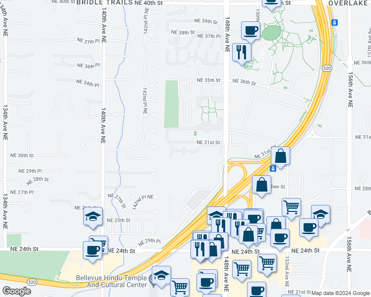 map of restaurants, bars, coffee shops, grocery stores, and more near 14525 Northeast 30th Place in Bellevue