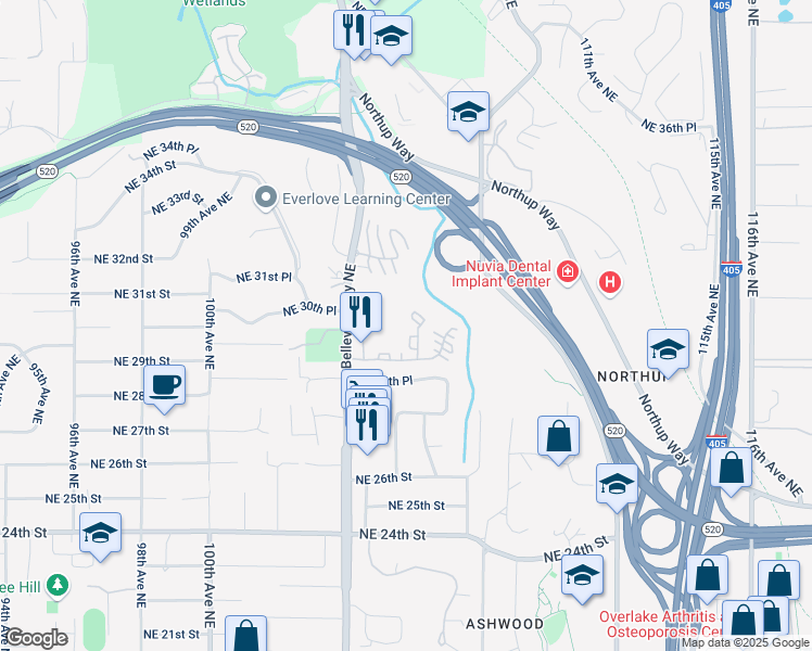 map of restaurants, bars, coffee shops, grocery stores, and more near 10690 Northeast 29th Street in Bellevue