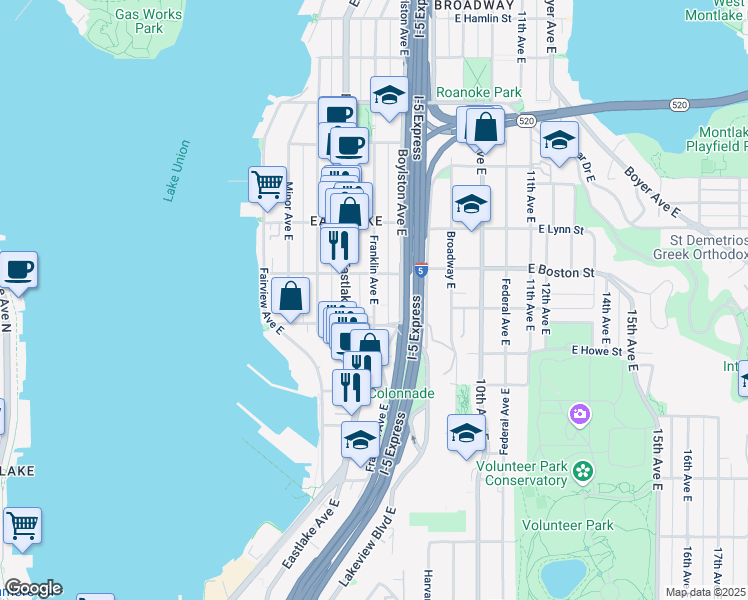 map of restaurants, bars, coffee shops, grocery stores, and more near 2009 Franklin Avenue East in Seattle