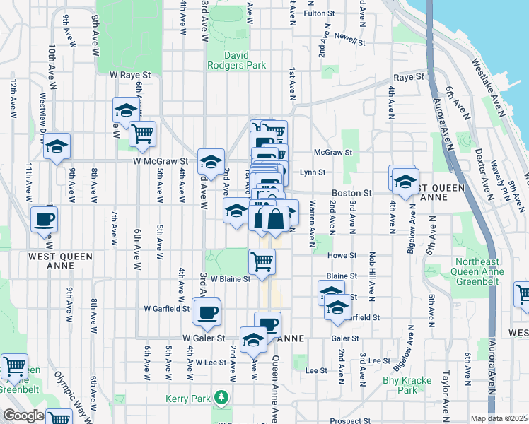 map of restaurants, bars, coffee shops, grocery stores, and more near 1925 Queen Anne Avenue North in Seattle