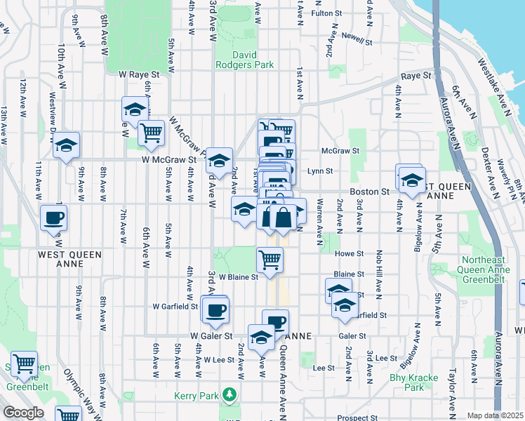 map of restaurants, bars, coffee shops, grocery stores, and more near 1925 Queen Anne Avenue North in Seattle